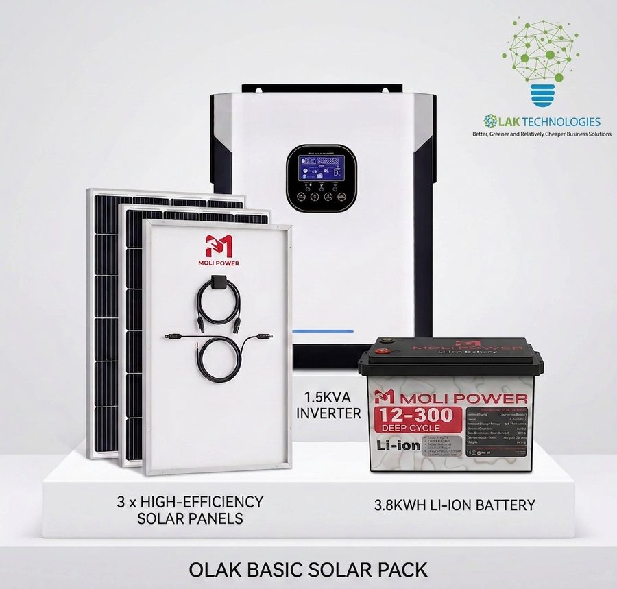 OLAK Basic Package — 1.5kVA inverter, 3.8kWh lithium battery, 1.2kW solar array